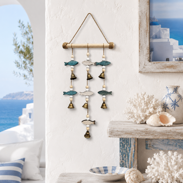 Διακοσμητικό Ξύλινο Κρεμαστό Seaside με Ψαράκια & Καμπανάκια 
