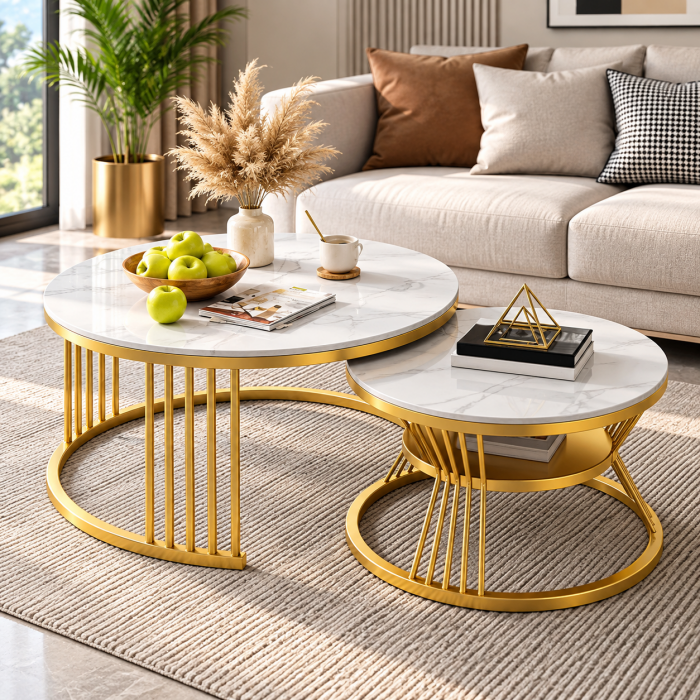 Βοηθητικό τραπεζάκι μεταλλικό στρογγυλό Gold White σετ 2 τεμαχίων