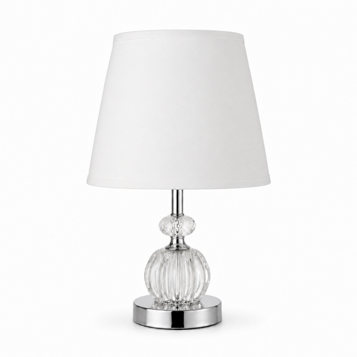 Φωτιστικό επιτραπέζιο E27 Crystal Elegance με κρυστάλλινη βάση και λευκό καπέλο 23x37cm