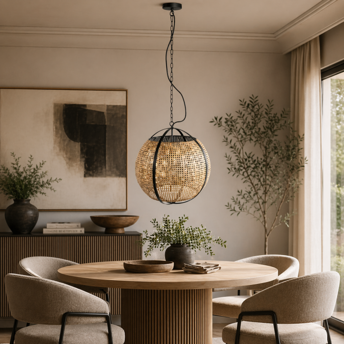 Κρεμαστό φωτιστικό Bayu 55εκ σε μαύρο χρώμα με bamboo πλέξη και ντουί E27
