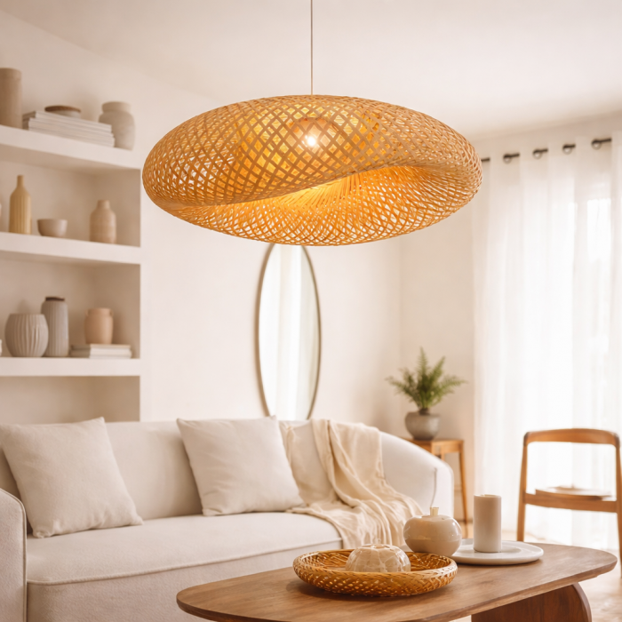 Φωτιστικό οροφής bamboo Atmosphera Beddy D50 σε μοντέρνο boho σαλόνι