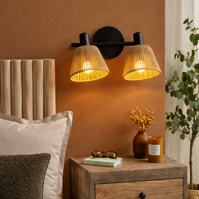 διπλό φωτιστικό rattan atmosphera myha boho φωτιστικό τοίχου