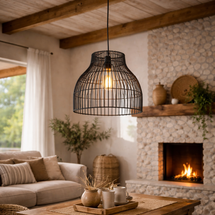 Μαύρο φωτιστικό οροφής bamboo 36x36x30cm σε ρουστίκ σαλόνι