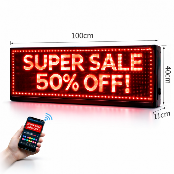 Κυλιόμενη Πινακίδα LED Κόκκινη WiFi USB Διπλής Όψης 100x40cm