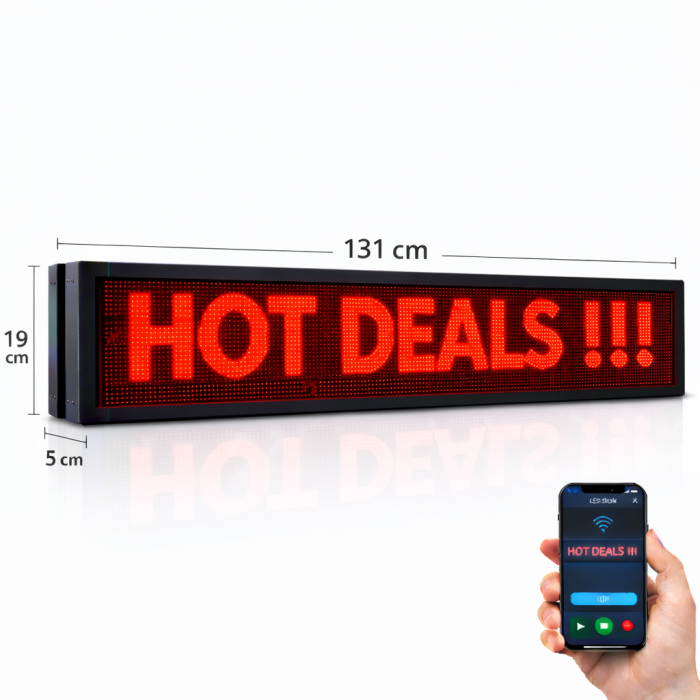 Wifi Κυλιόμενη Πινακίδα LED Μονής Όψης 131x19cm Κόκκινο