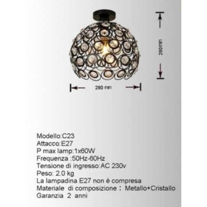 Πλαφονιέρα οροφής μαύρη με κρυσταλάκια E27 28x28cm (ForHome GBW-747398)