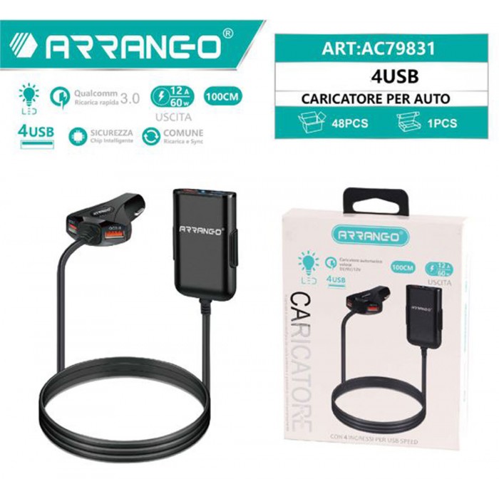 Φορτιστής Αυτοκινήτου 12A Power με 4 Θύρες USB για Γρήγορη Φόρτιση και Επέκταση QC3.0 Arrango AC79831 
