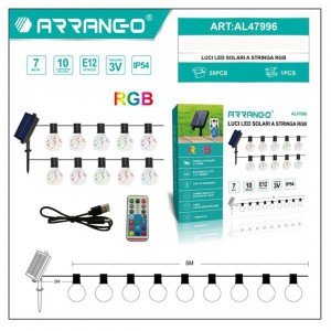Αδιάβροχη Ηλιακή γιρλάντα φωτισμού με 10 LED λάμπες RGB Ε12 7Μ και χειριστήριο Arrango AL47996