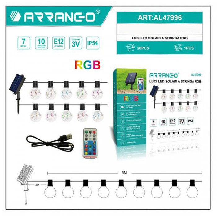 Αδιάβροχη Ηλιακή γιρλάντα φωτισμού με 10 LED λάμπες RGB Ε12 7Μ και χειριστήριο Arrango AL47996