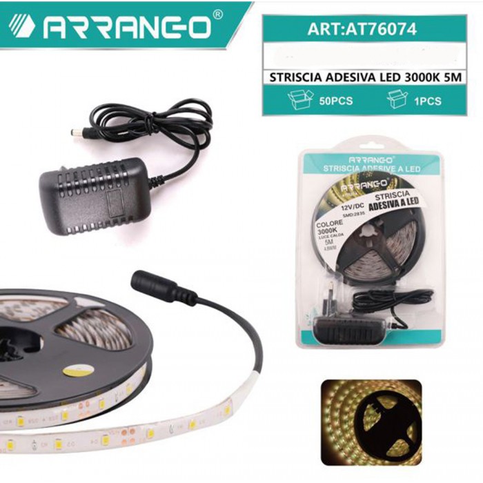 Αδιάβροχη Ταινία LED SMD2835 Τροφοδοσίας 12V με Ζεστό Λευκό Φως Μήκους 5m Arrango AT76074 