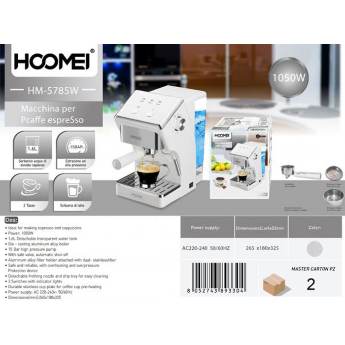 Μηχανή Espresso 1050W Πίεσης 15bar Λευκή Hoomei HM-5785W 