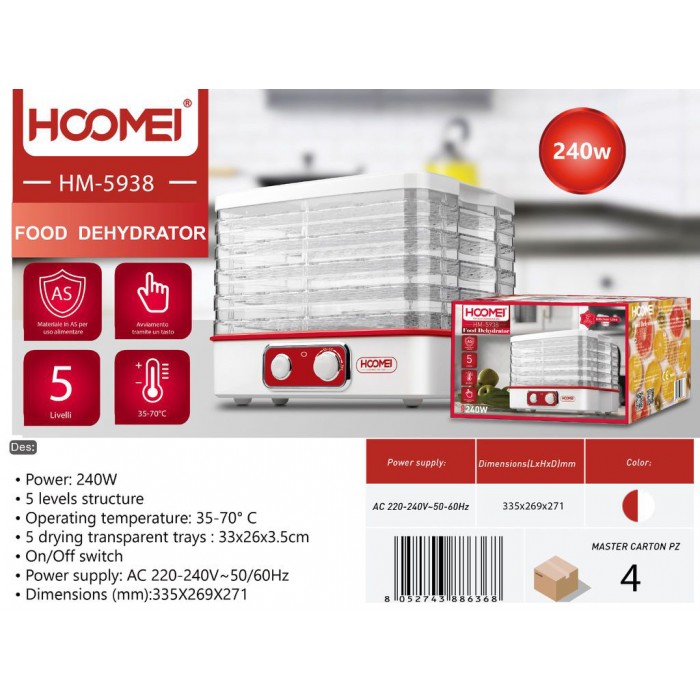 Αποξηραντής Τροφίμων Λευκός Hoomei HM-5938