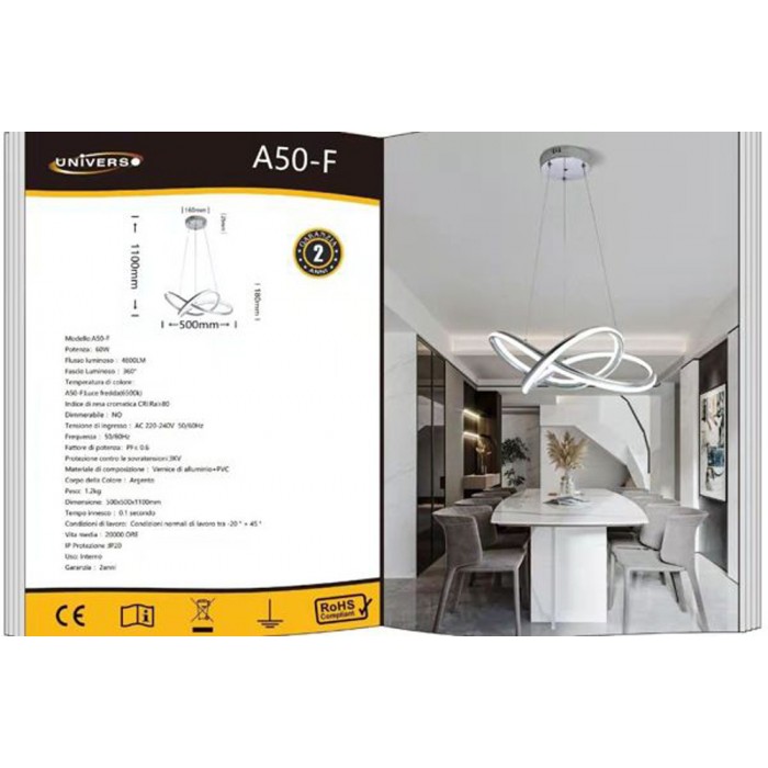 Κρεμαστό φωτιστικό LED Universo A50-F ασημί 60W 4800lm 6500K loop 360°