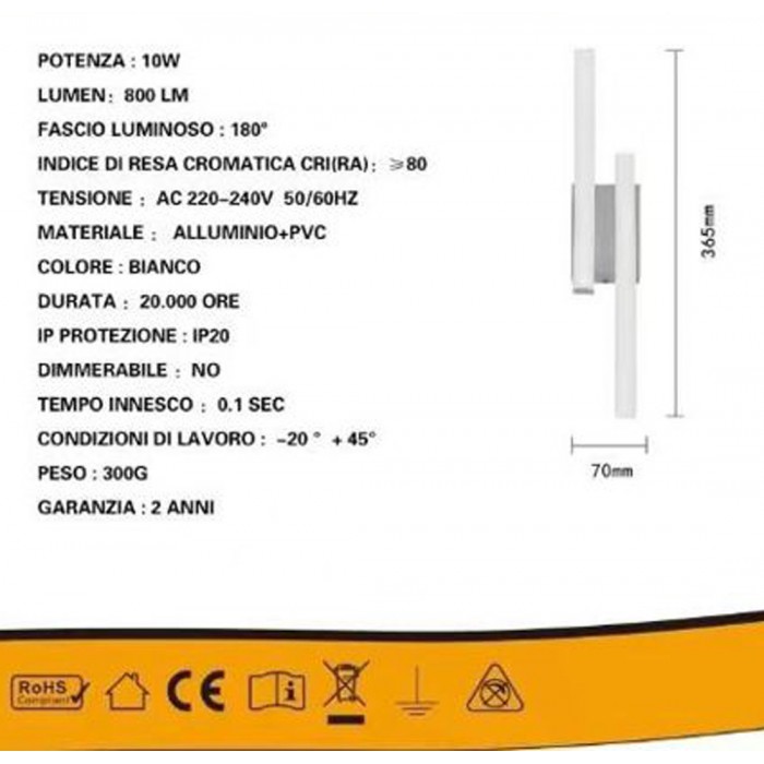 Φωτιστικό Απλίκα LED Τοίχου 10W 6500K 7x36.5cm ForHome 751805
