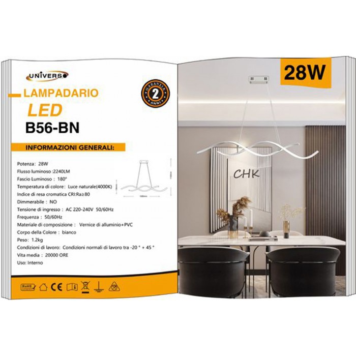 Κρεμαστό φωτιστικό LED Universo B56-BN λευκό 28W 2240lm 4000K wave