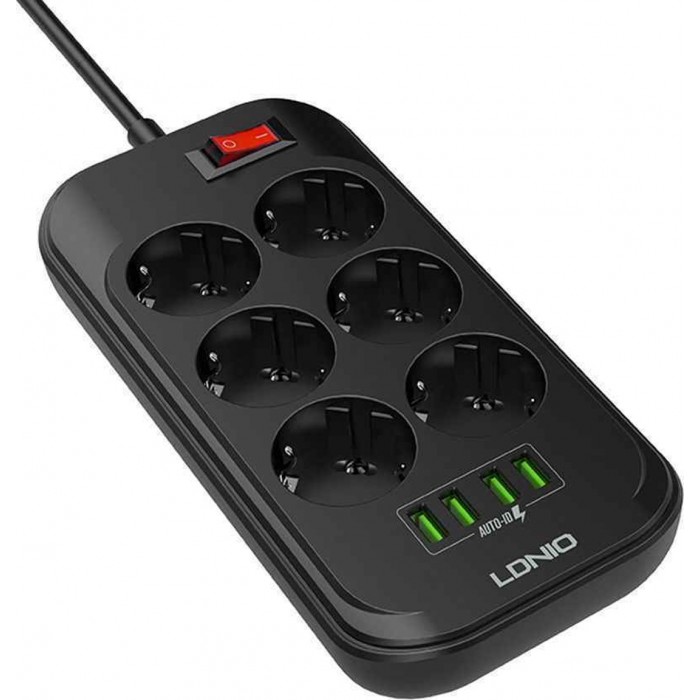 Πολύπριζο Ασφαλείας 6 Θέσεων με Διακόπτη, 4 USB και Καλώδιο 2m Μαύρο ForHome 701040