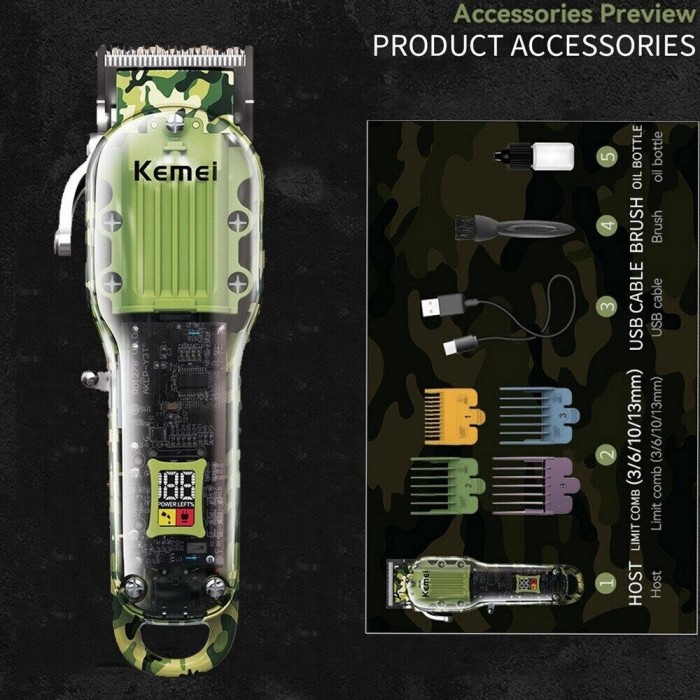Kemei KM-1926 Επαναφορτιζόμενη Κουρευτική Μηχανή Camo 