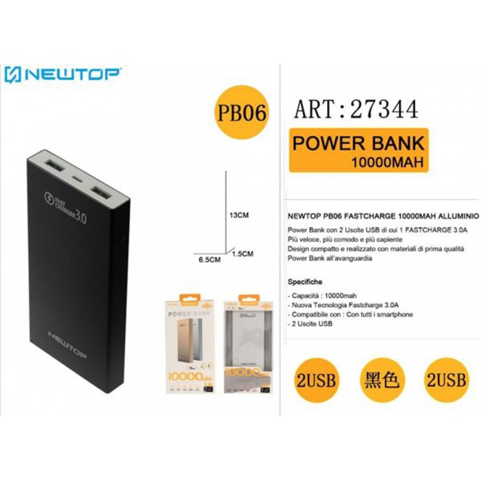 Newtop PB06 Power Bank 10000mAh με 2 Θύρες USB-A Μαύρο