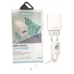 Treqa Φορτιστής με Θύρα USB-A και Καλώδιο Lightning 18W Quick Charge 3.0 Λευκός (CS-632)