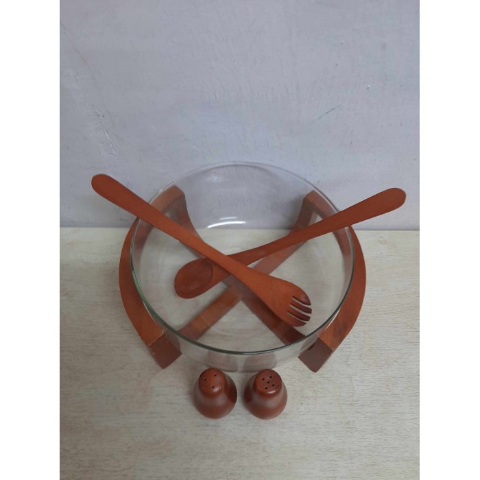 Σαλατιέρα Γυάλινη Σερβιρίσματος με ξύλινα εξαρτήματα 5 τεμαχίων