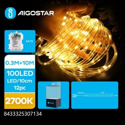 100 Λαμπάκια LED Θερμό Λευκό Μπαταρίας σε Σειρά με Διαφανές Καλώδιο Aigostar 307134