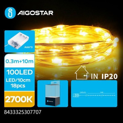 100 Λαμπάκια LED Θερμό Λευκό Μπαταρίας σε Σειρά με Διαφανές Καλώδιο Aigostar 307707