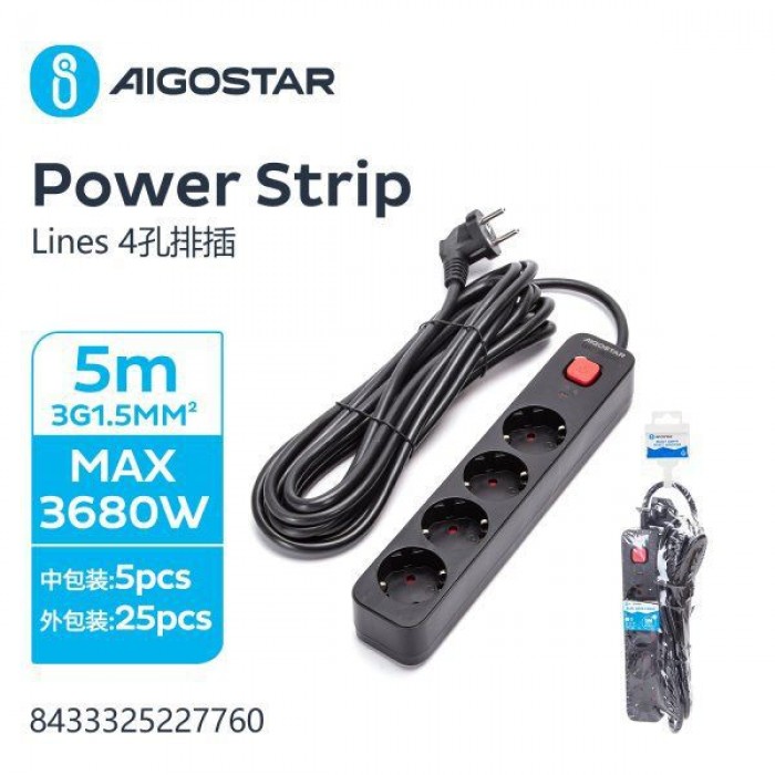 Πολύπριζο με Διακόπτη και Καλώδιο 5m Μαύρο Aigostar 27760