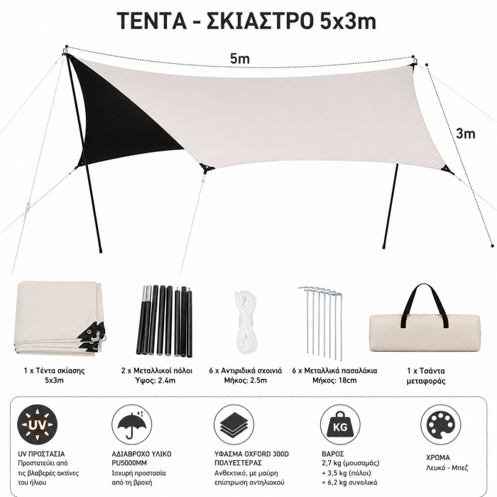 Σκίαστρο τέντα παραλίας camping 5x3m αδιάβροχο UV λευκό μπεζ