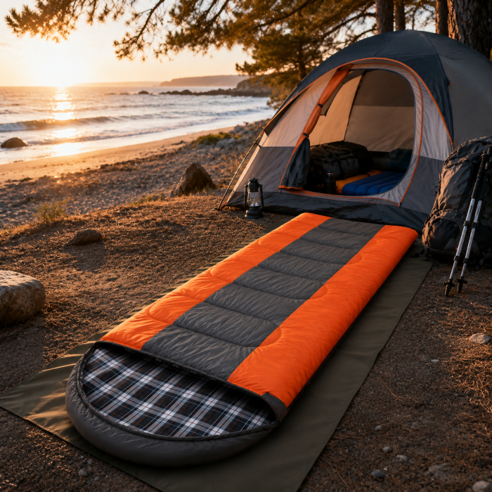 Υπνόσακος camping μονός 2 εποχών 220x75cm πορτοκαλί μαύρο με κουκούλα
