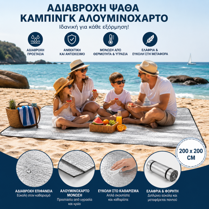 Ψάθα παραλίας camping αδιάβροχη αλουμινίου 200x200cm