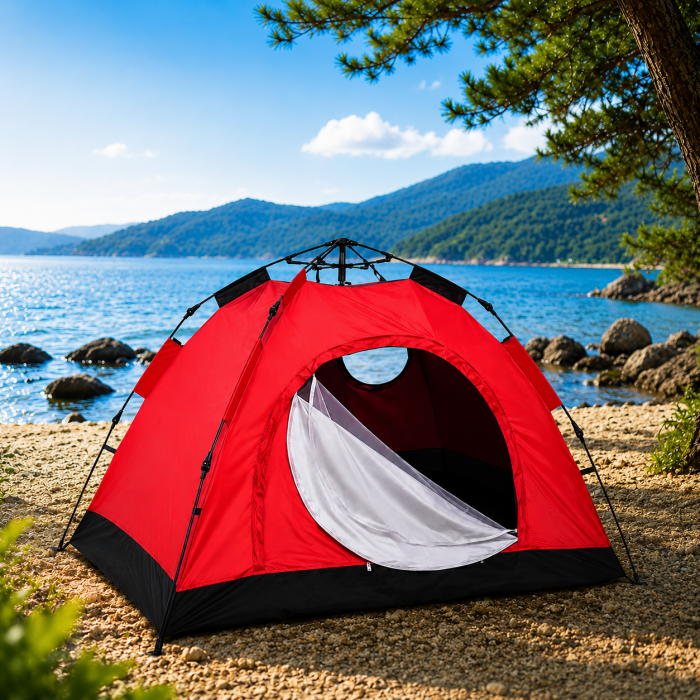 Κόκκινη σκηνή camping αυτόματου ανοίγματος 3-4 ατόμων 200x200x145cm