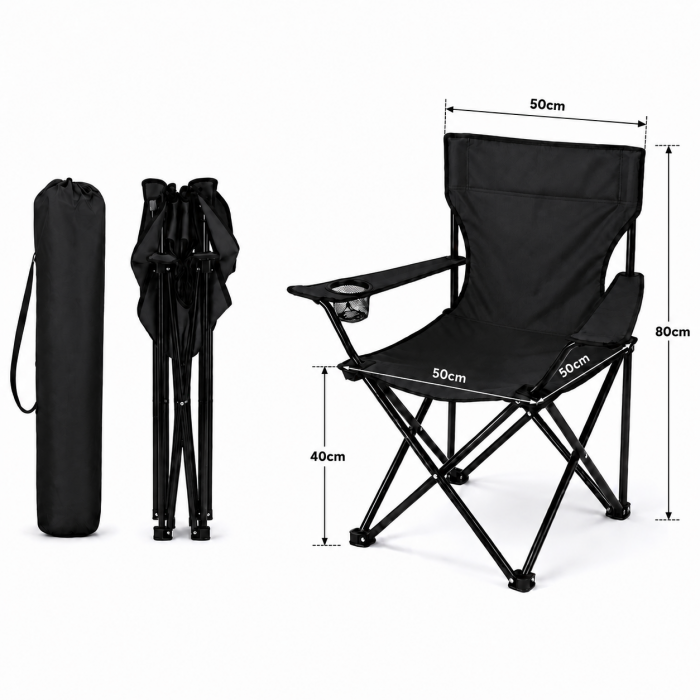 Καρέκλα Παραλίας Camping Πτυσσόμενη Μαύρο 80x50x80cm με Θήκη Ποτηριού