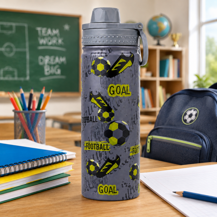 Παιδικό μπουκάλι θερμός ανοξείδωτο 750ml γκρι με σχέδιο ποδόσφαιρο GOAL