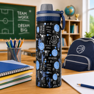 Παιδικό Παγούρι Θερμός Ανοξείδωτο 750ml Μαύρο με Σχέδιο Basket 8x27cm