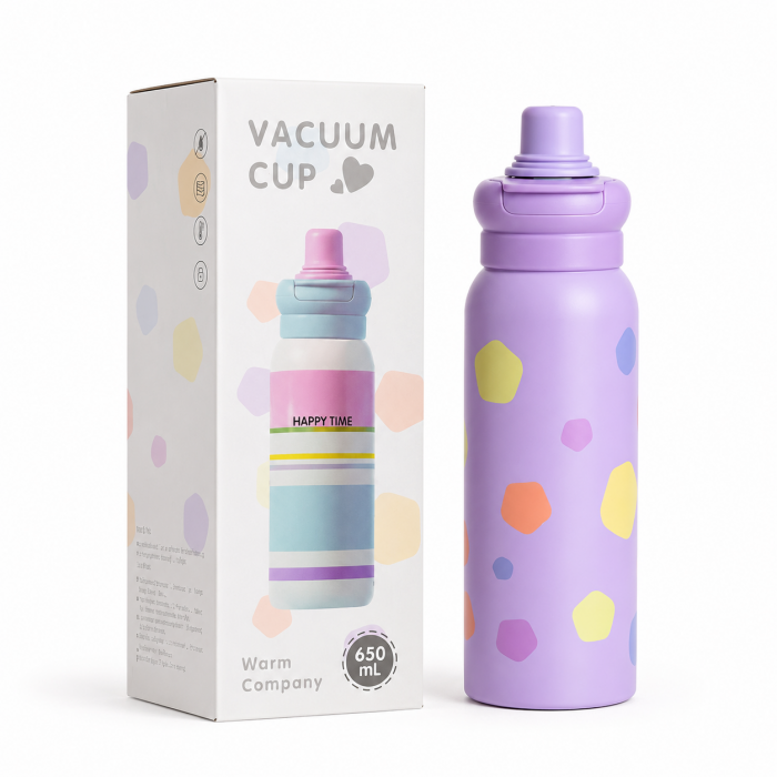 Παιδικό μπουκάλι θερμός ανοξείδωτο 650ml μωβ με καπάκι 2 τρόπων πόσης