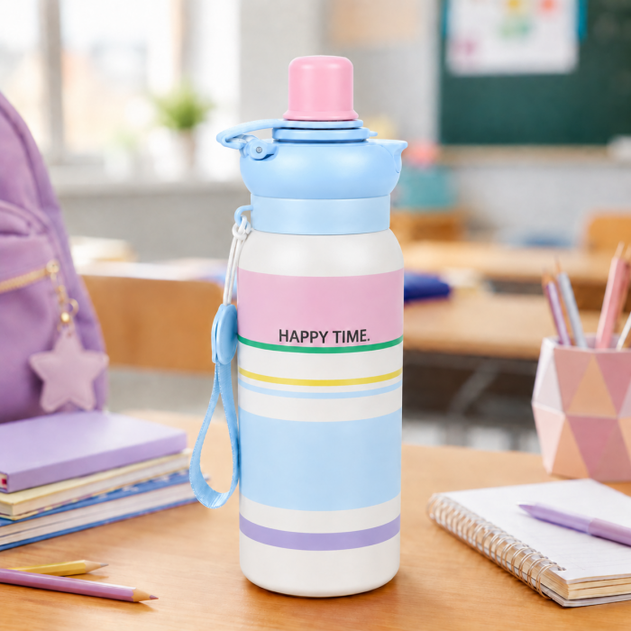 Παιδικό μπουκάλι θερμός ανοξείδωτο 650ml Happy Time με καπάκι 2 τρόπων πόσης