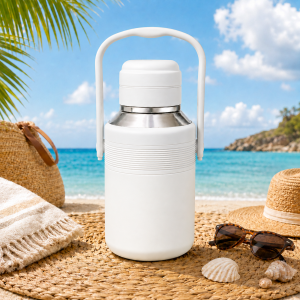 Θερμός Χειρός 1200ml Λευκό με Λαβή, Καπάκι Ποτήρι & Διπλό Τοίχωμα