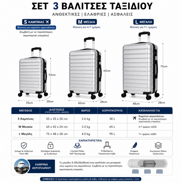 Σετ βαλίτσες ταξιδίου 3 τεμαχίων Silver ABS 20 24 28 ιντσών