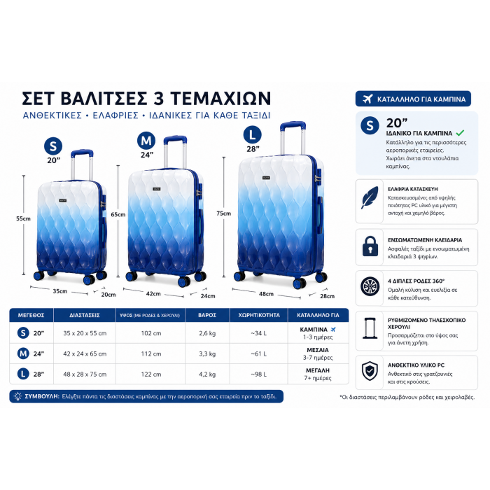 Σετ βαλίτσες ταξιδιού premium 3 τεμαχίων wave collection blue gradient 20 24 28