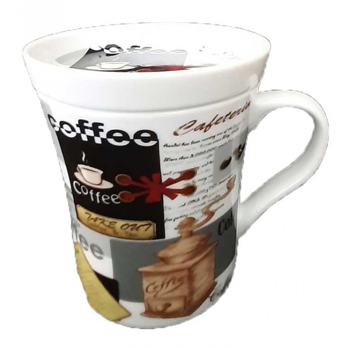 Κούπα πορσελάνης με καπάκι πιατάκι 250ml σχέδιο Cafeteria 8.5x11.5x9.5εκ.