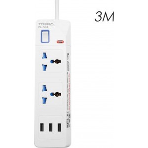 Treqa PL-504 Πολύπριζο Ασφαλείας 2 Θέσεων με Διακόπτη και 3 USB Λευκό