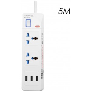 Treqa PL-504-5M Πολύπριζο Ασφαλείας 2 Θέσεων με Διακόπτη, 3 USB και Καλώδιο 5m Λευκό