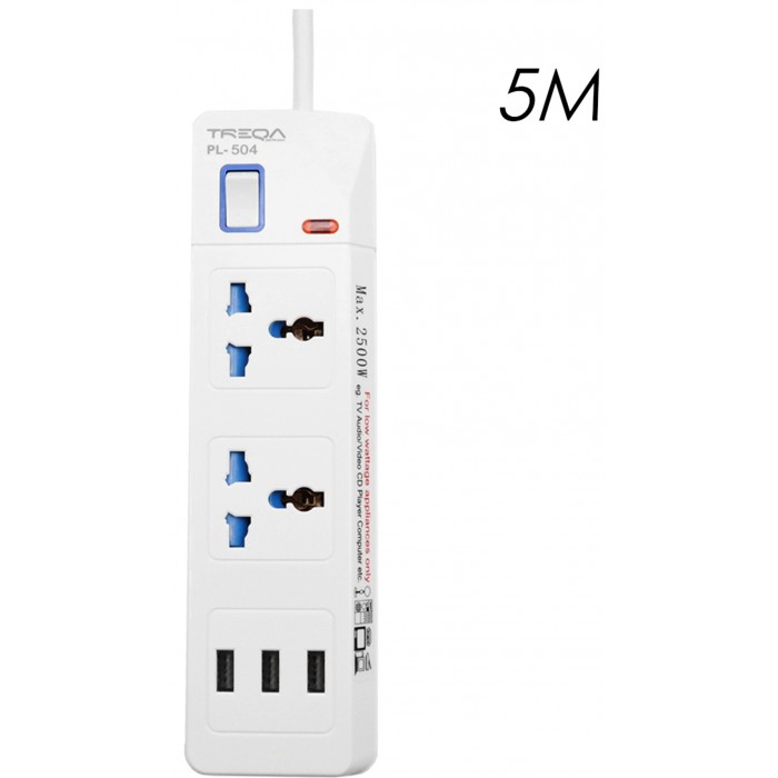 Treqa PL-504-5M Πολύπριζο Ασφαλείας 2 Θέσεων με Διακόπτη, 3 USB και Καλώδιο 5m Λευκό