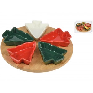 Σετ σερβιρίσματος Excellent Houseware (278000980) με 5 μπολ και δίσκο - Φυσικό χρώμα ξύλου, πρασινο, κόκκινο